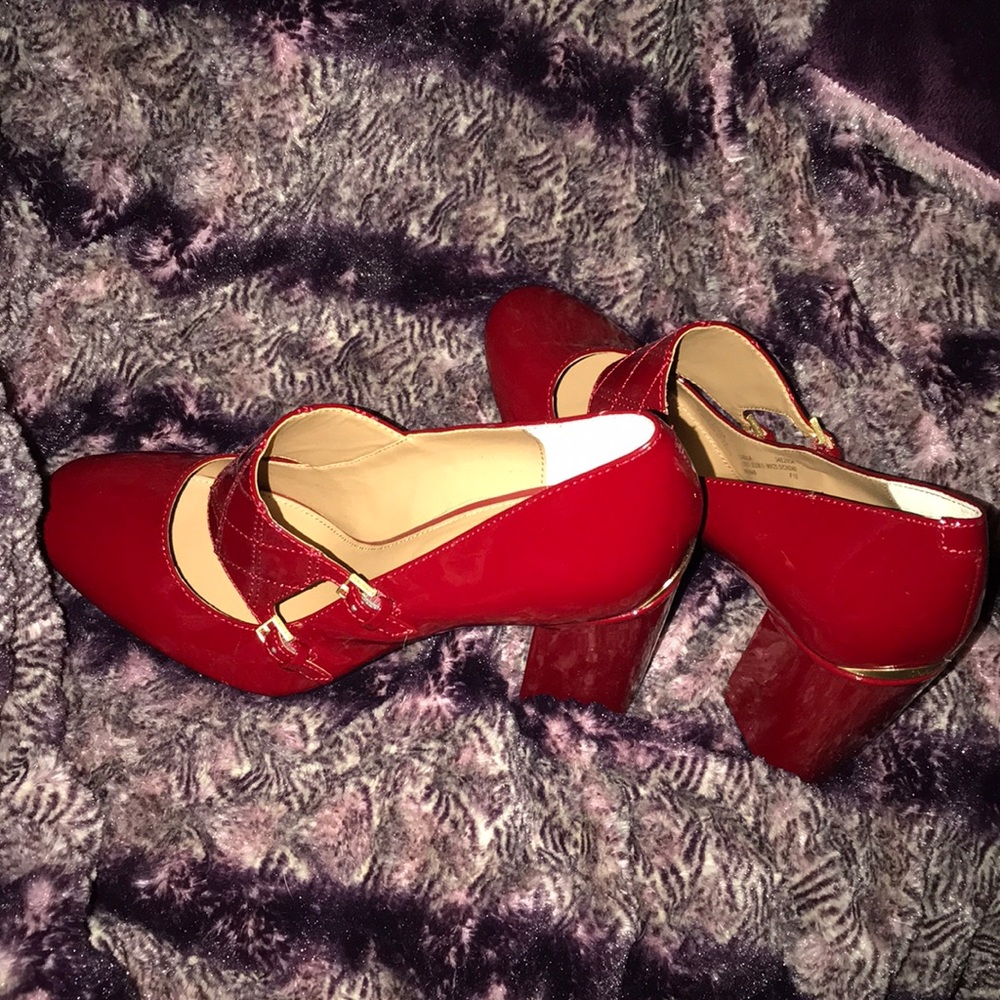 Calvin Klein red patent leather block heel